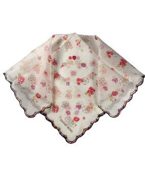 Vintage Hanae Mori Cotton Scarf | Pink Floral Scalloped Edge